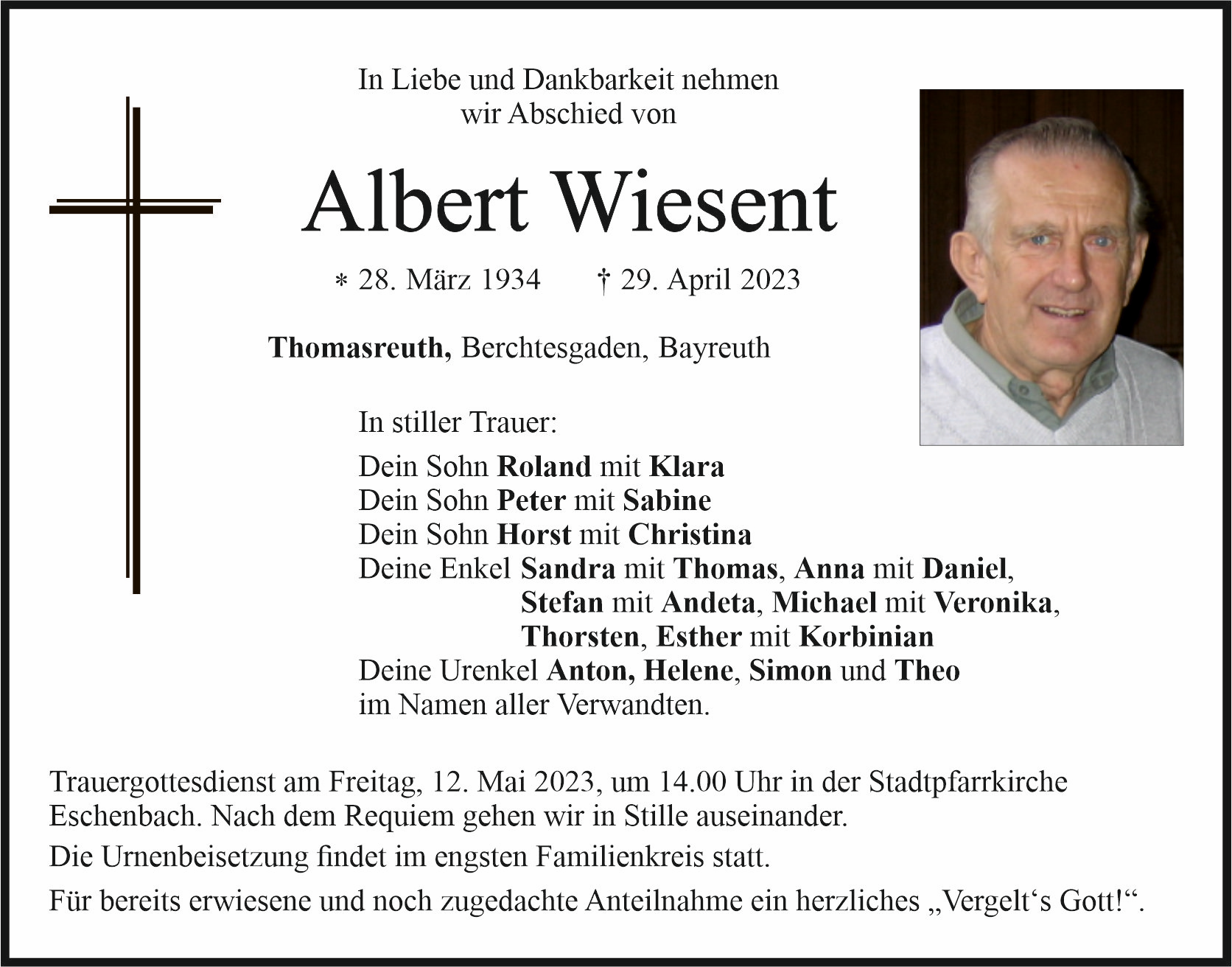 Traueranzeige Albert Wiesent, Thomasreuth