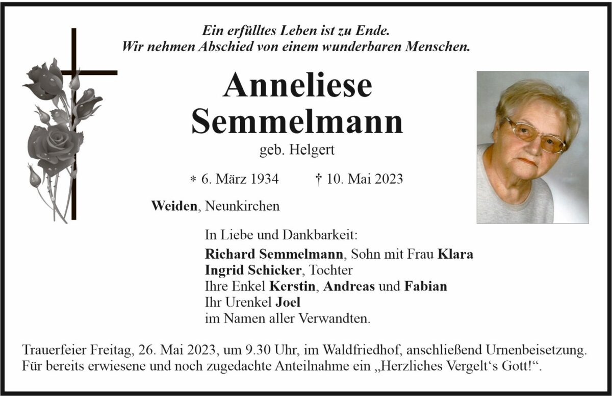 Traueranzeige Anneliese Semmelmann, Weiden