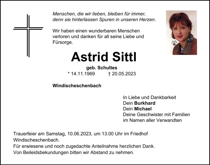 Traueranzeige Astrid Sittl, Windischeschenbach