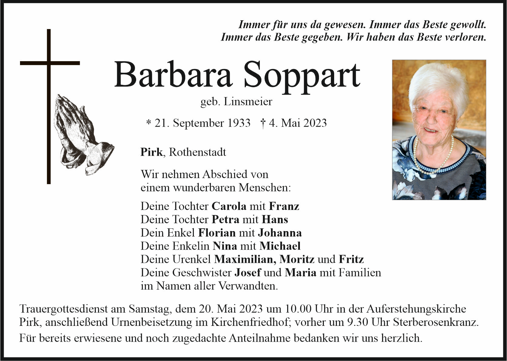 Traueranzeige Barbara Soppart, Pirk