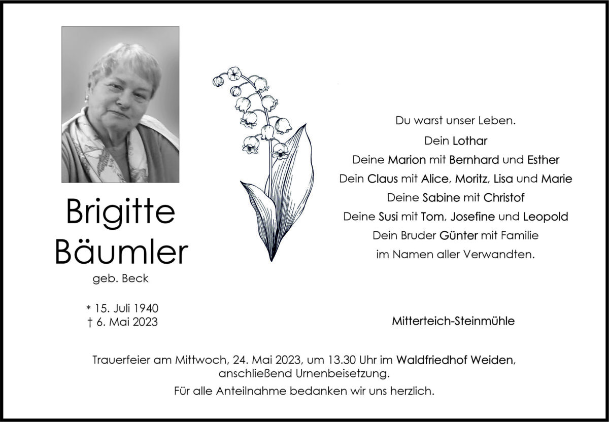 Traueranzeige Brigitte Bäumler, Mitterteich-Steinmühle