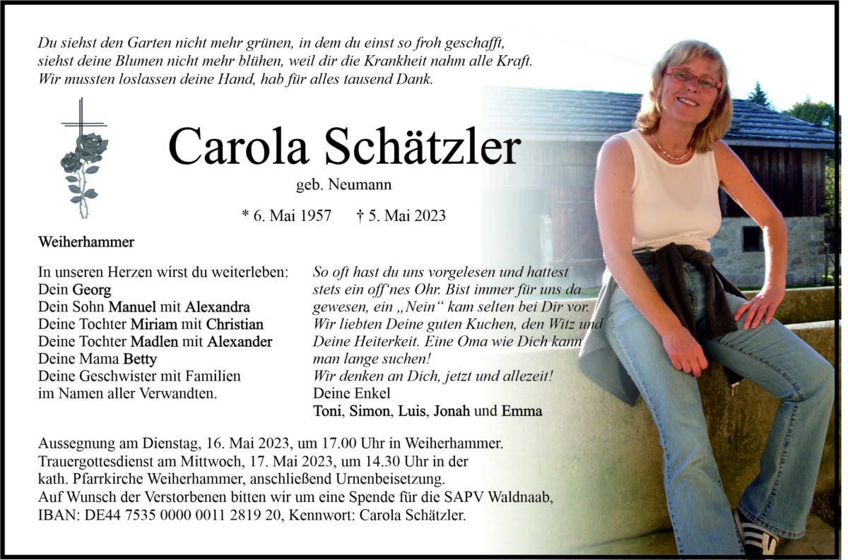Traueranzeige Carola Schätzler, Weiherhammer