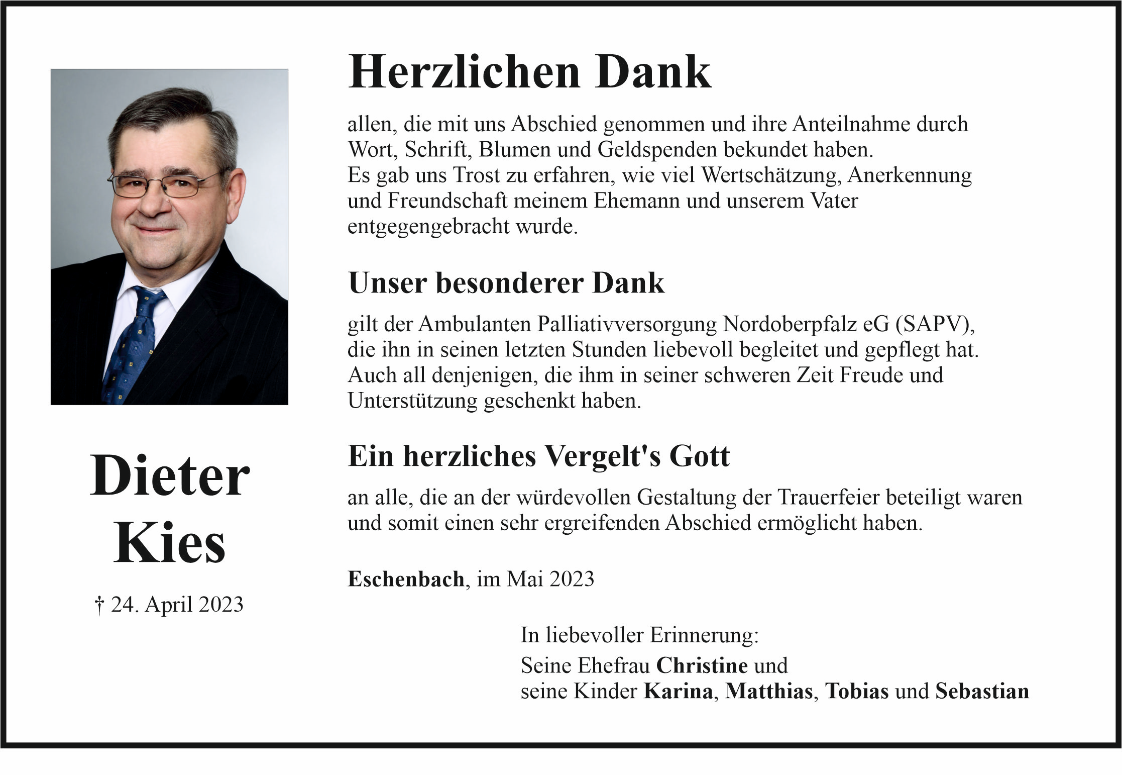 Traueranzeige Dieter Kies, Eschenbach
