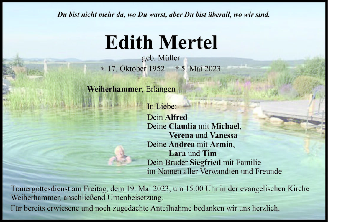 Traueranzeige Edith Mertel, Weiherhammer