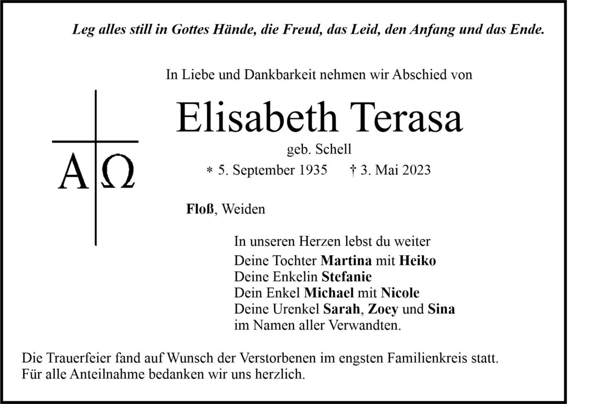 Traueranzeige Elisabeth Terasa, Floß