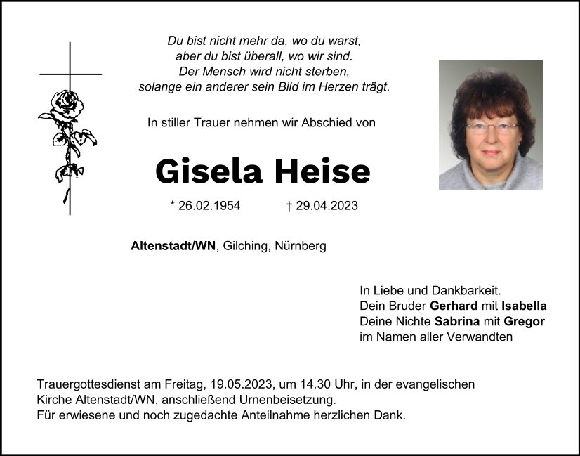 Traueranzeige Gisela Heise, Altenstadt/WN