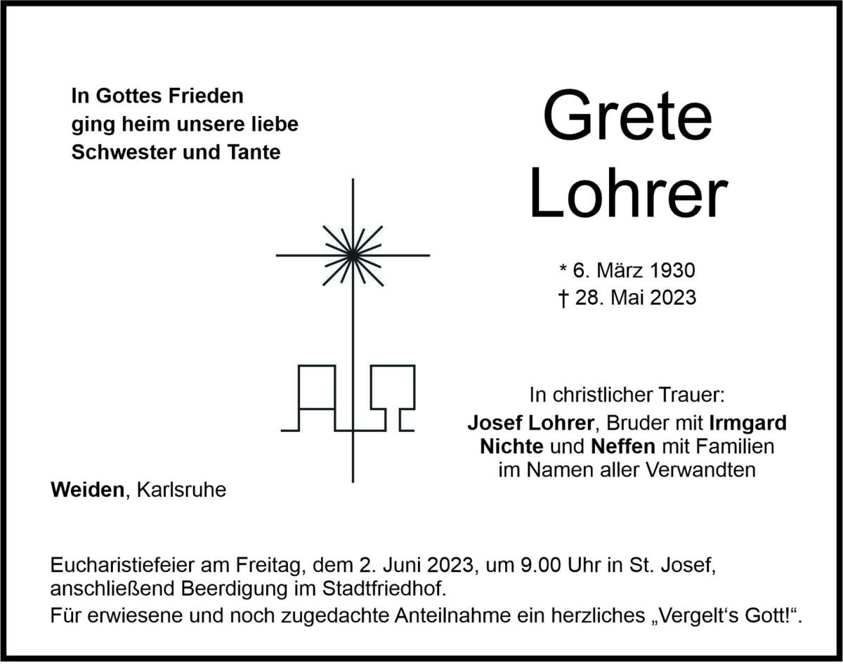 Traueranzeige Grete Lohrer, Weiden