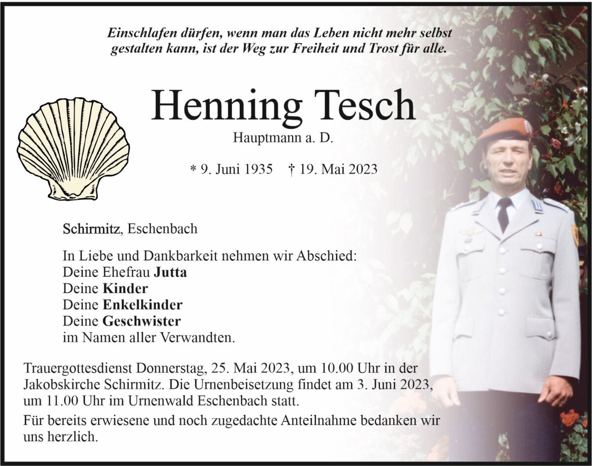 Traueranzeige Henning Tesch, Schirmitz