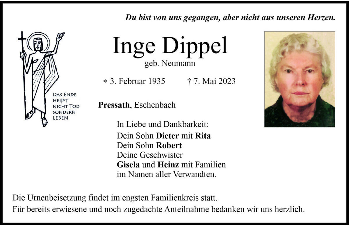 Traueranzeige Inge Dippel, Pressath