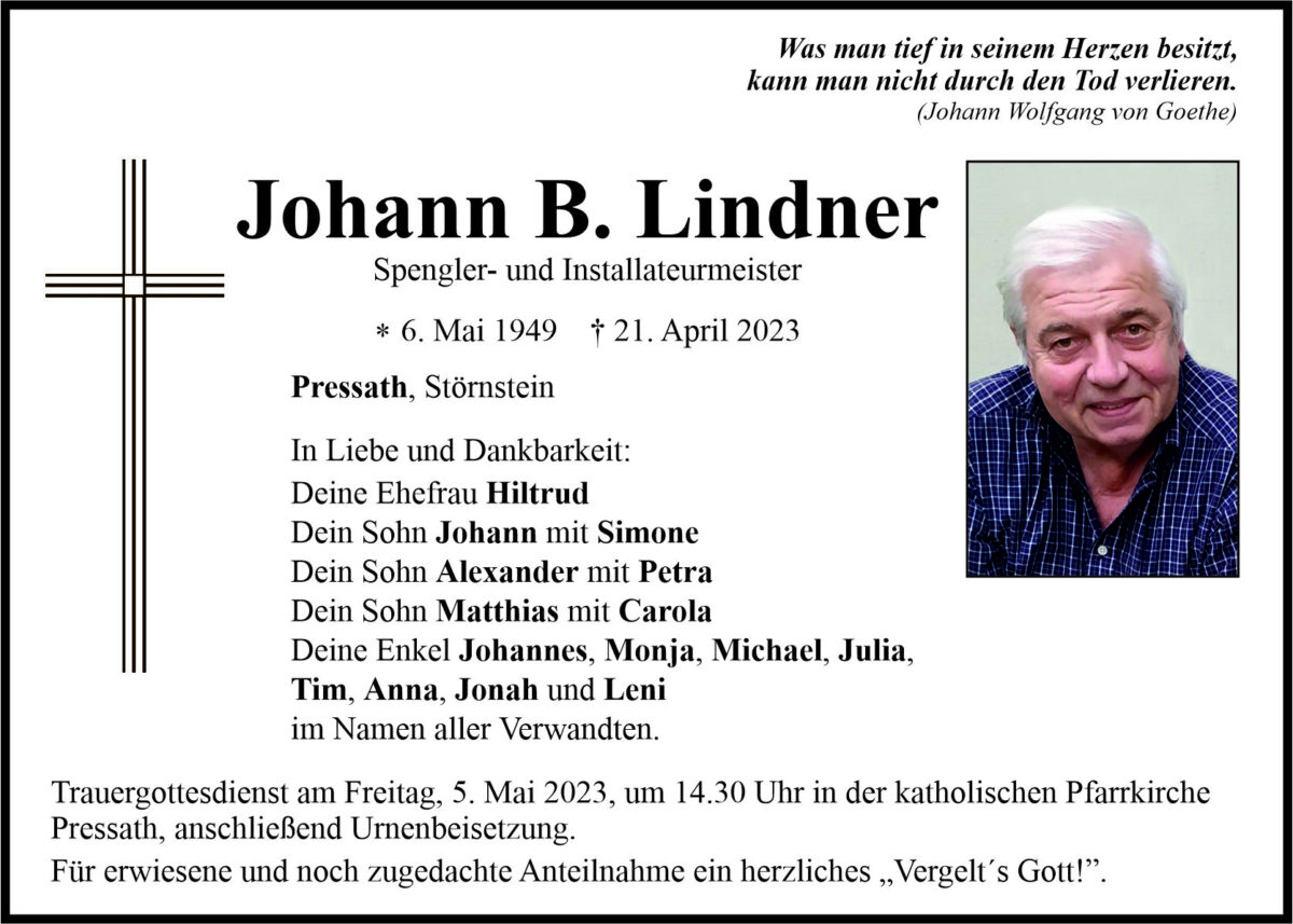Traueranzeige Johann B. Lindner
