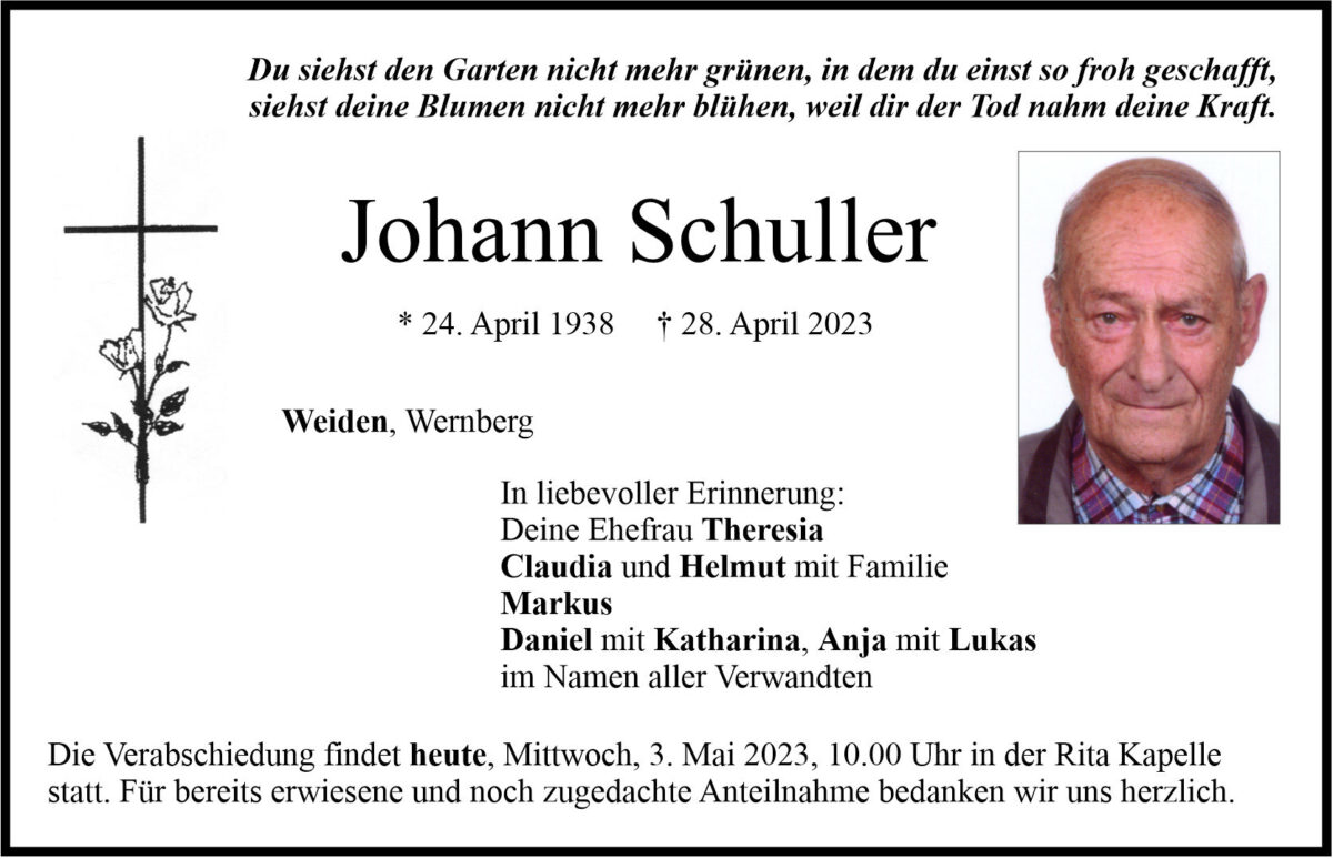 Traueranzeige Johann Schuller, Weiden