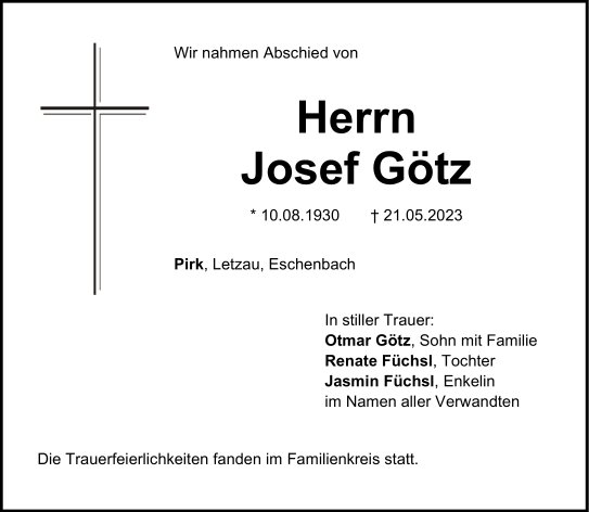 Traueranzeige Josef Götz, Pirk