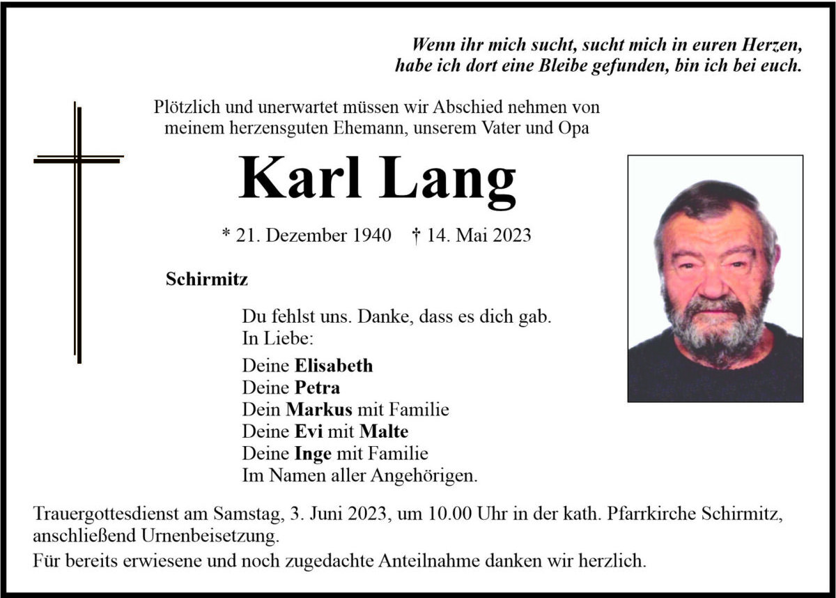 Traueranzeige Karl Lang, Schirmitz