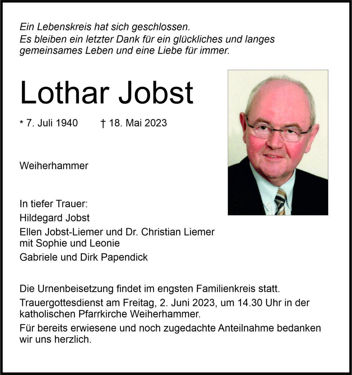 Traueranzeige Lothar Jobst, Weiherhammer