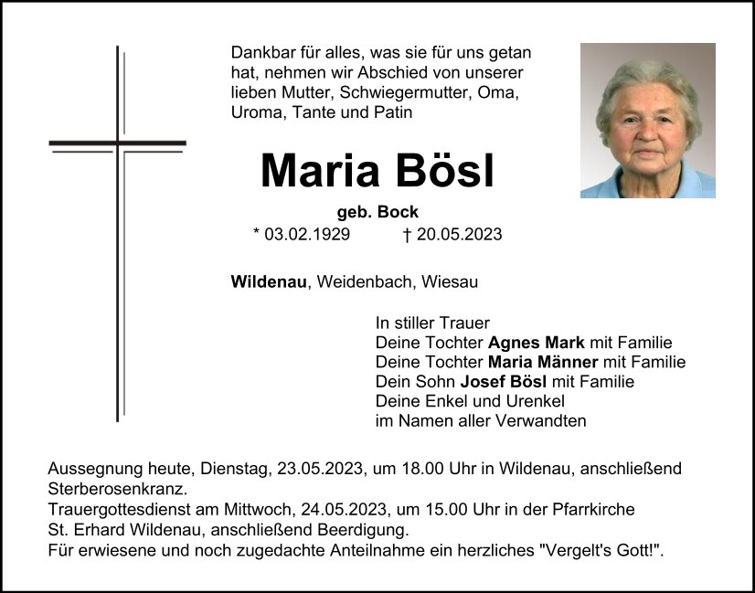 Traueranzeige Maria Bösl, Wildenau