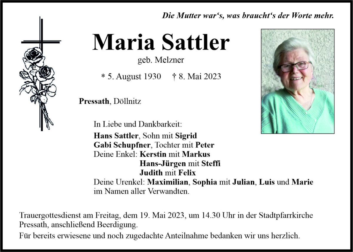 Traueranzeige Maria Sattler, Pressath