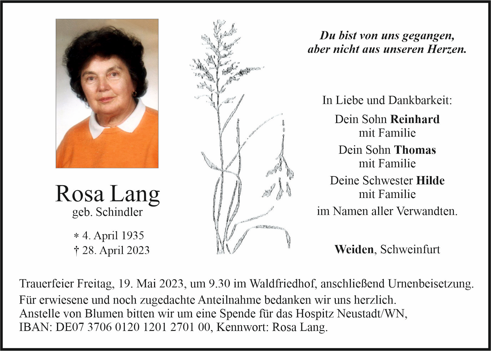 Traueranzeige Rosa Lang, Weiden