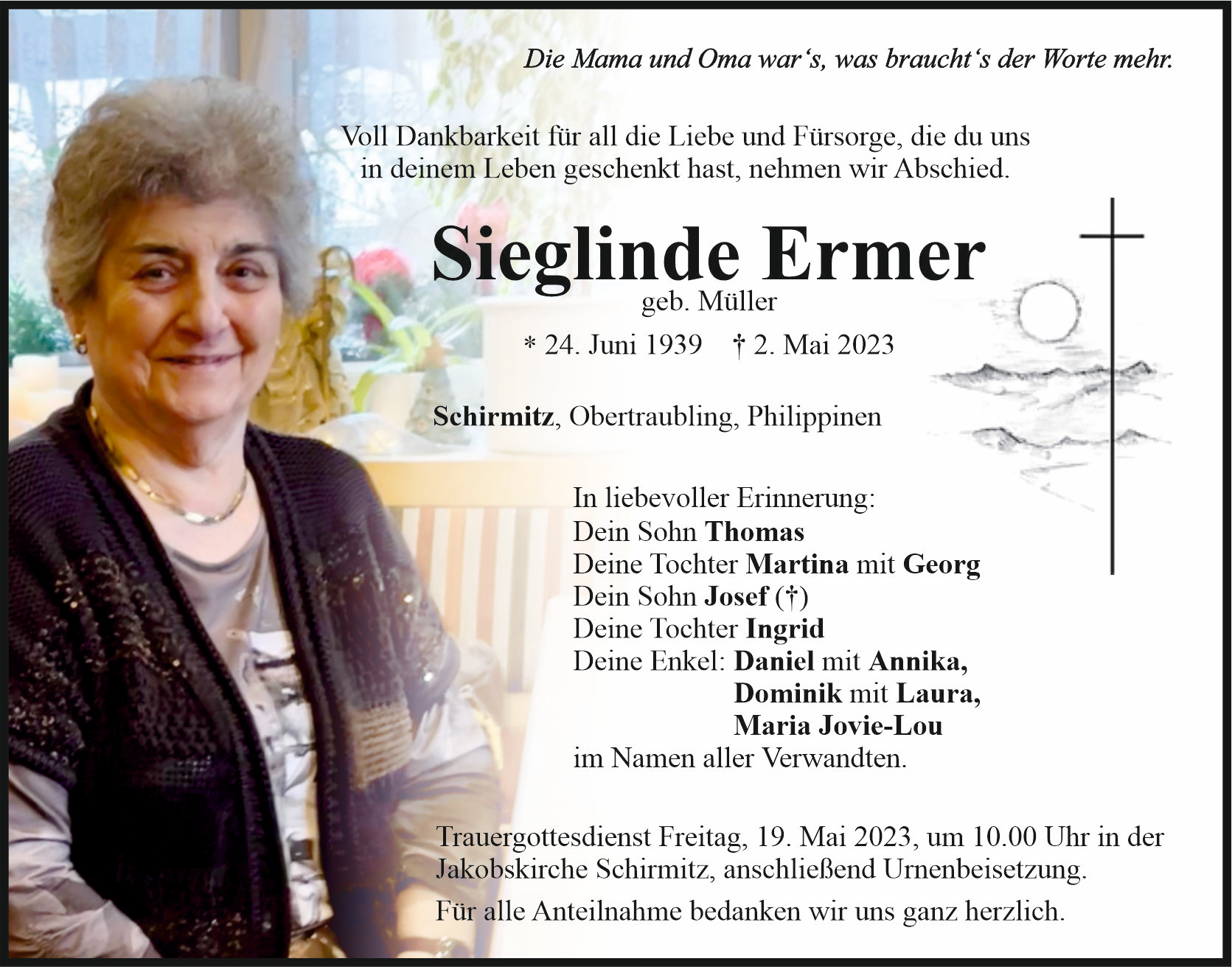 Traueranzeige Sieglinde Ermer, Schirmitz