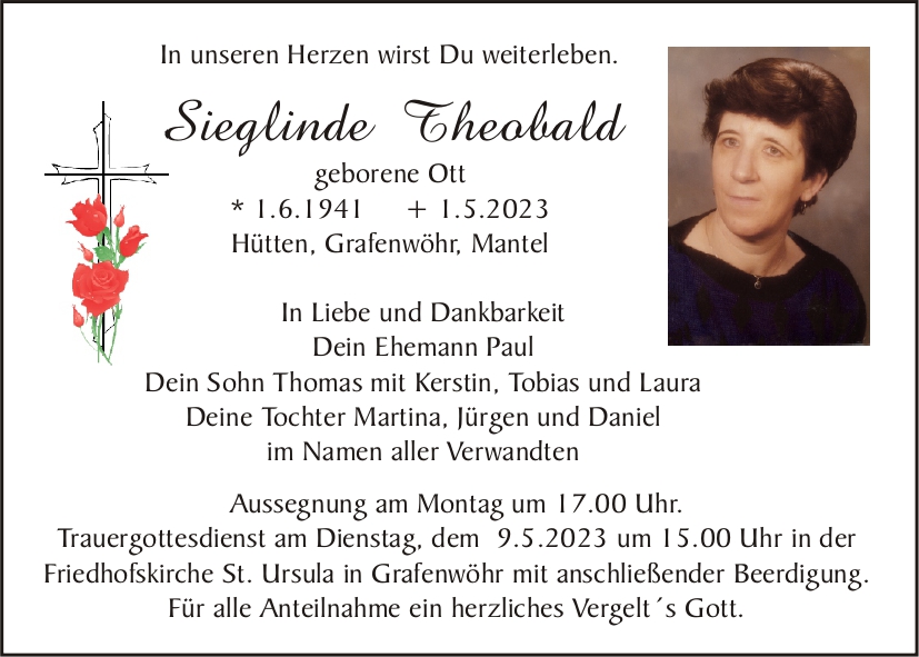 Traueranzeige Sieglinde Theobald, Hütten