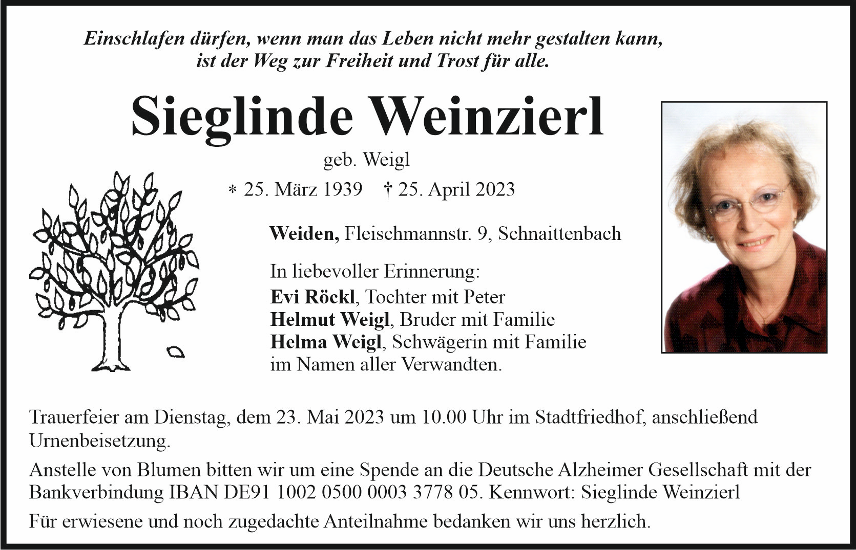 Traueranzeige Sieglinde Weinzierl, Weiden