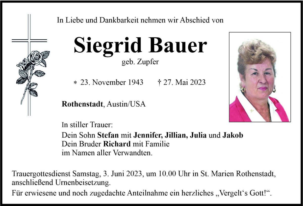 Traueranzeige Siegrid Bauer, Rothenstadt