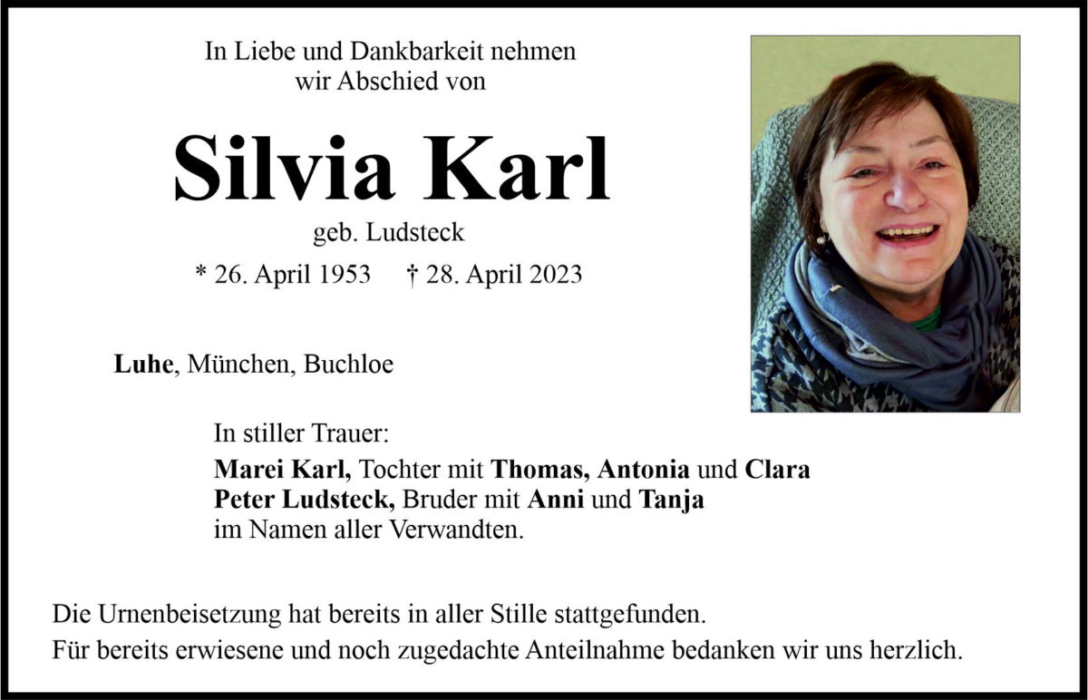 Traueranzeige Silvia Karl, Luhe