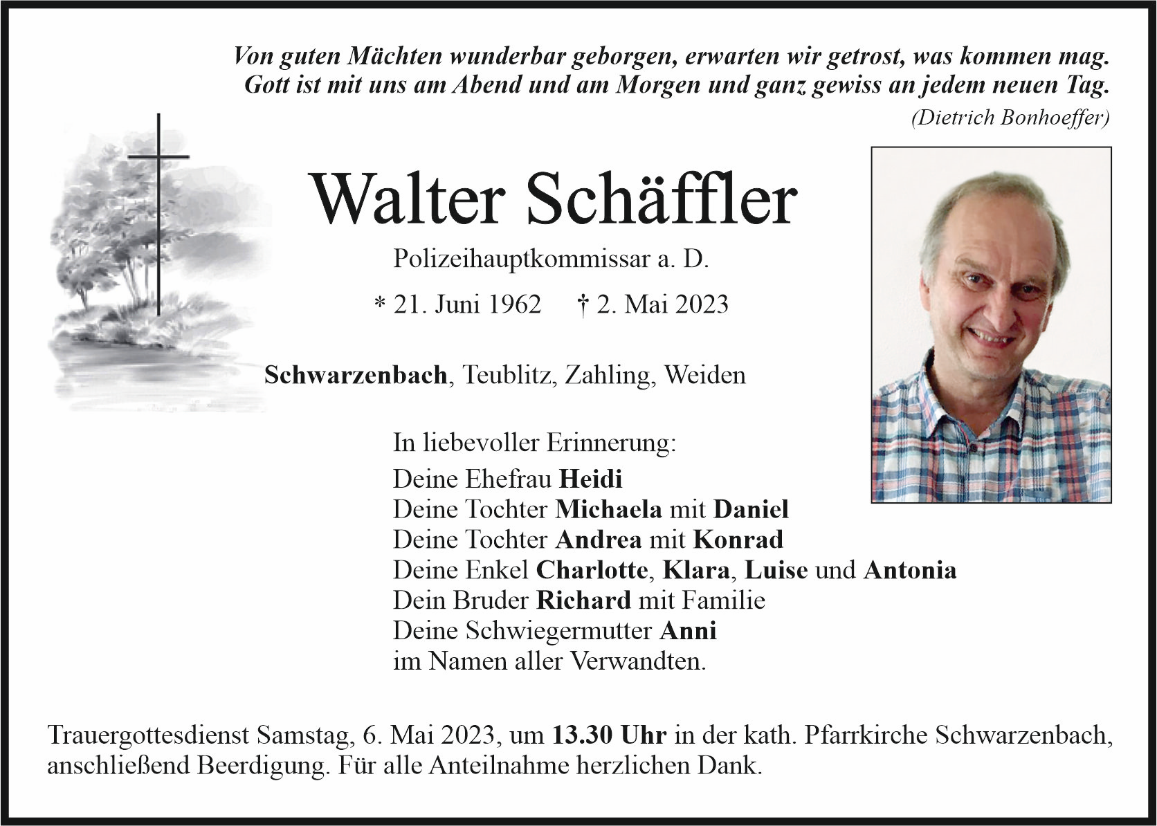 Traueranzeige Walter Schäffler, Schwarzenbach