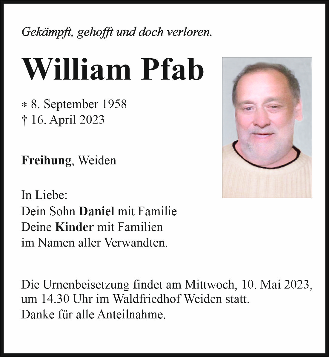 Traueranzeige William Pfab, Freihung