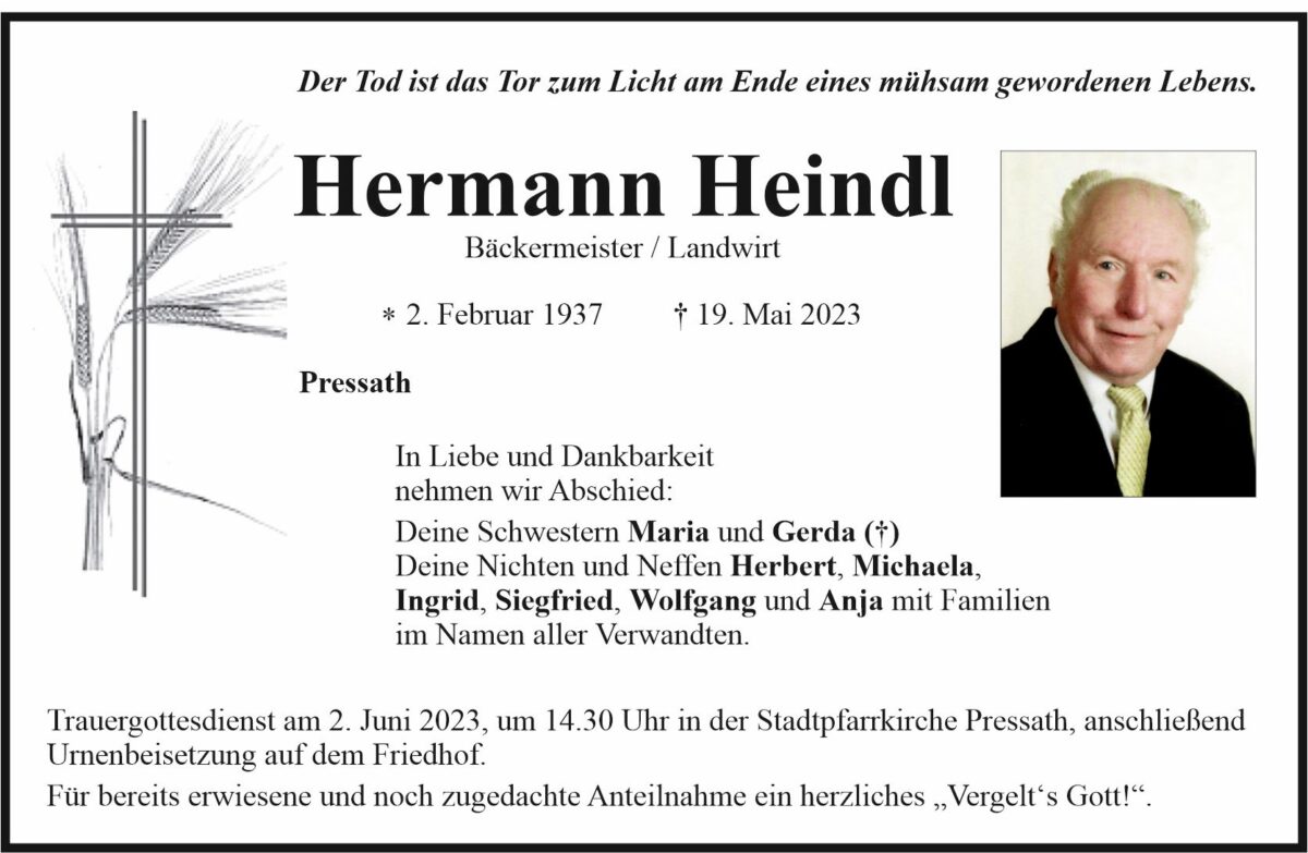 Traueranzeige Hermann Heindl, Pressath
