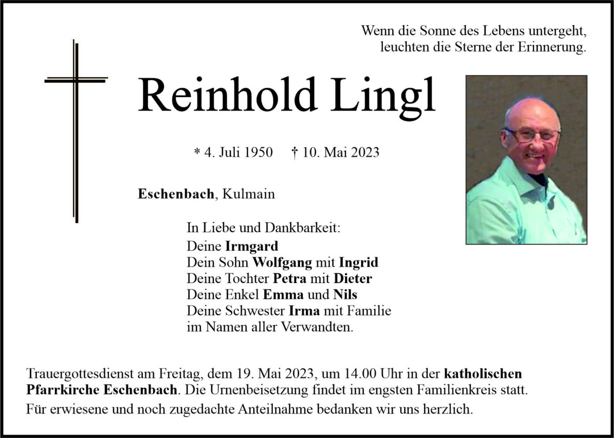 Traueranzeige Reinhold Lingl, Eschenbach