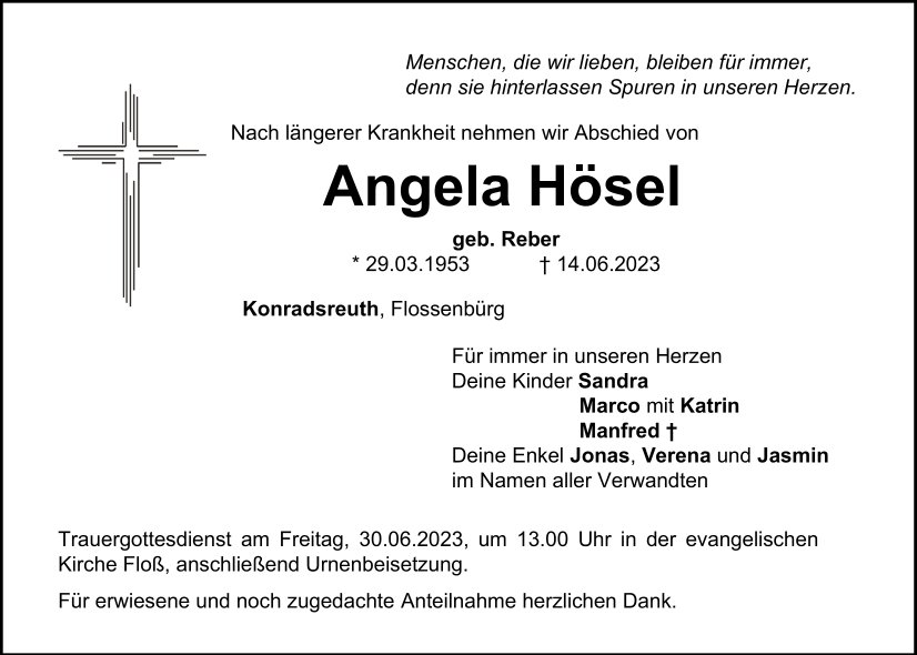 Traueranzeige Angela Hösel, Konradsreuth