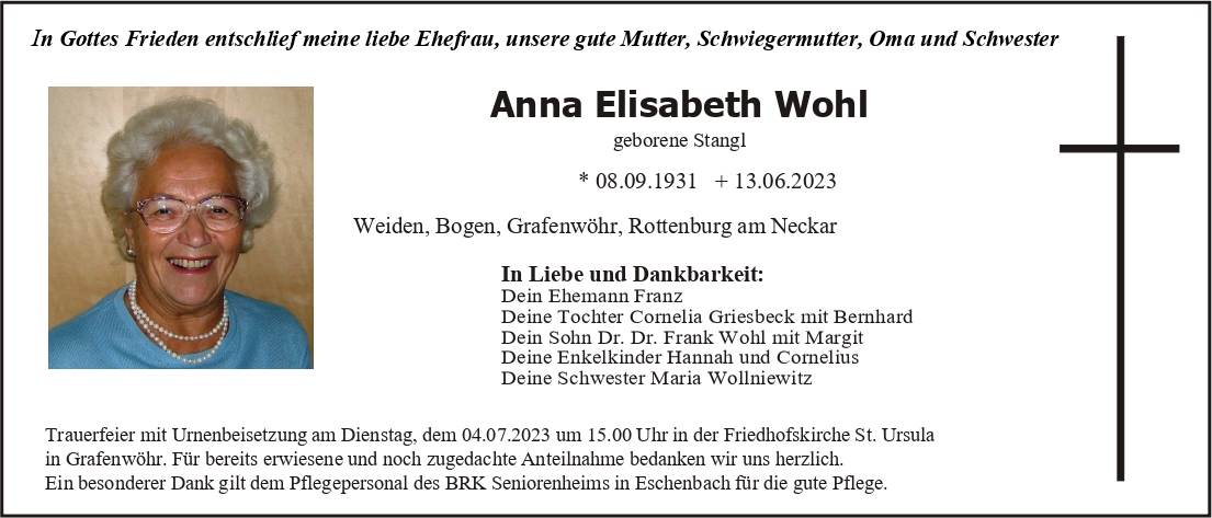 Traueranzeige Anna Elisabeth Wohl, Weiden