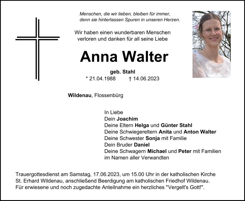 Traueranzeige Anna Walter, Wildenau