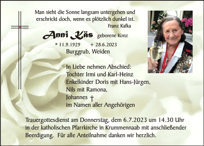 Traueranzeige Anni Käs, Weiden