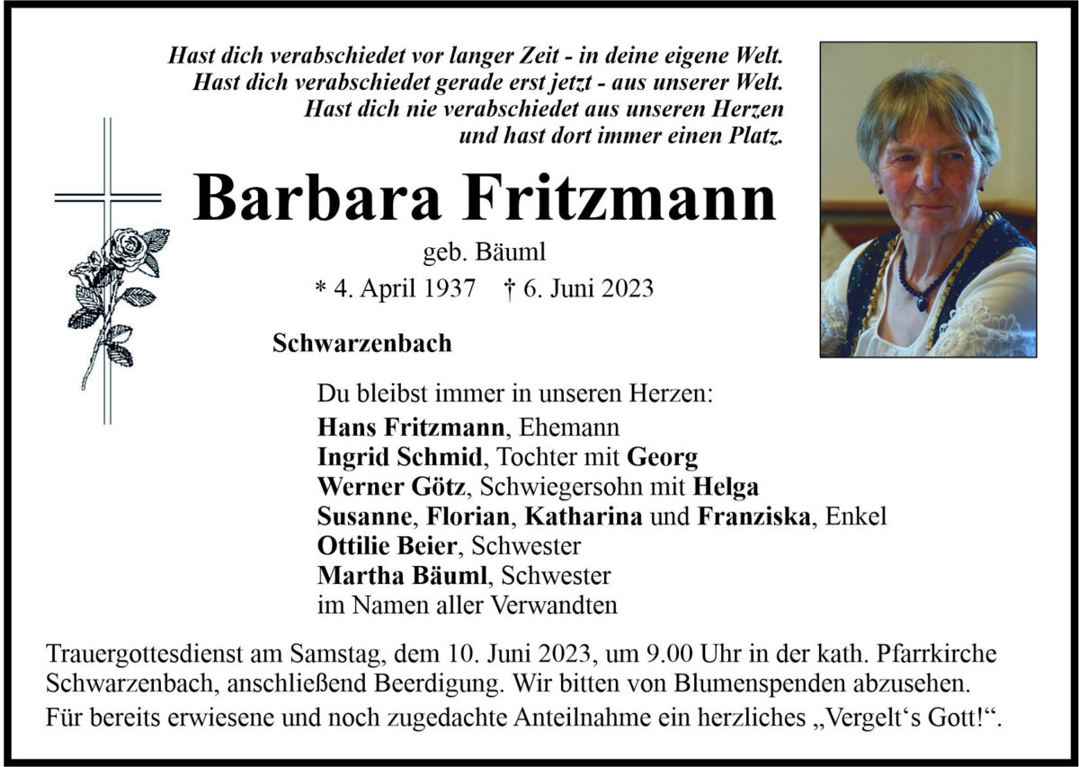 Traueranzeige Barbara Fritzmann, Schwarzenbach