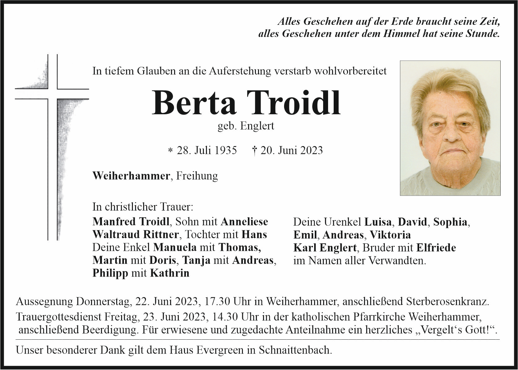Traueranzeige Berta Troidl, Weiherhammer