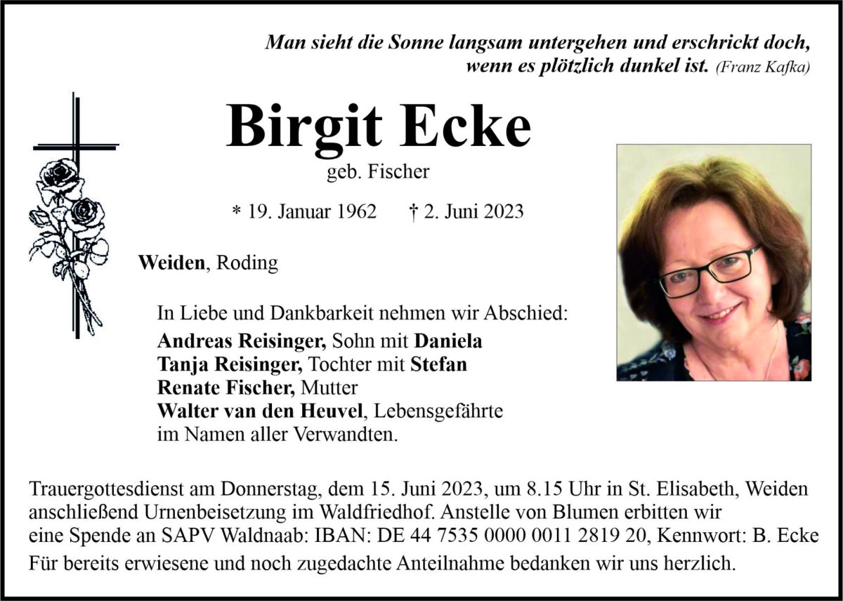 Traueranzeige Birgit Ecke, Weiden