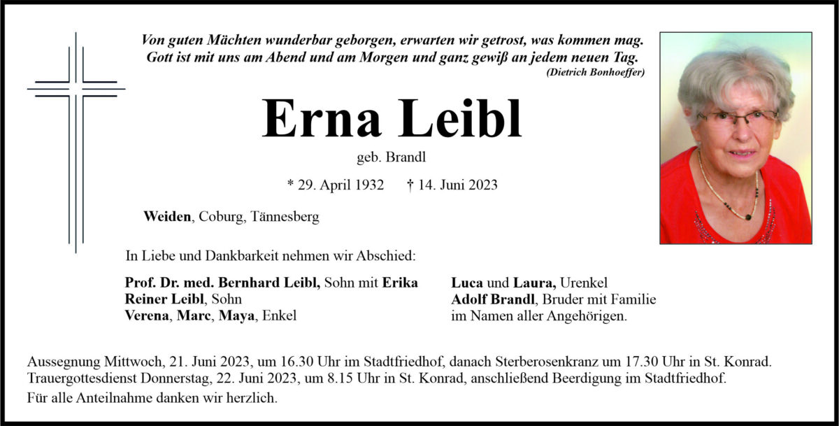 Traueranzeige Erna Leibl, Weiden