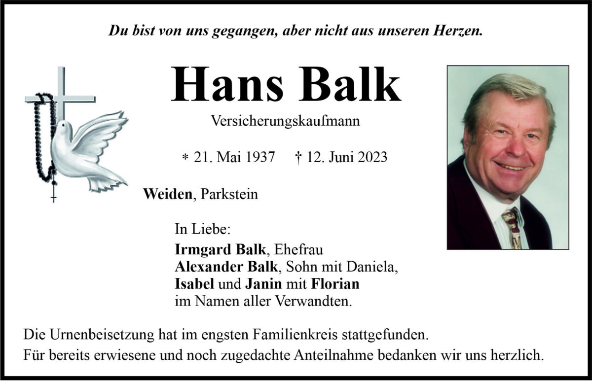 Traueranzeige Hans Balk, Weiden
