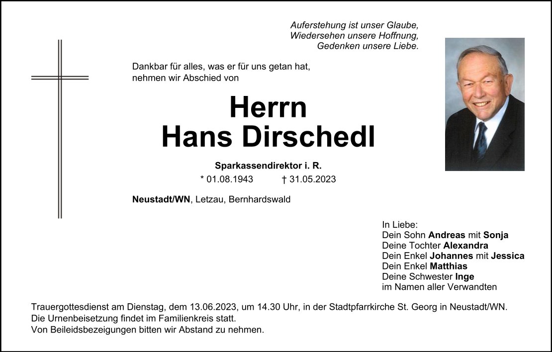 Traueranzeige Hans Dirschedl, Neustadt/WN