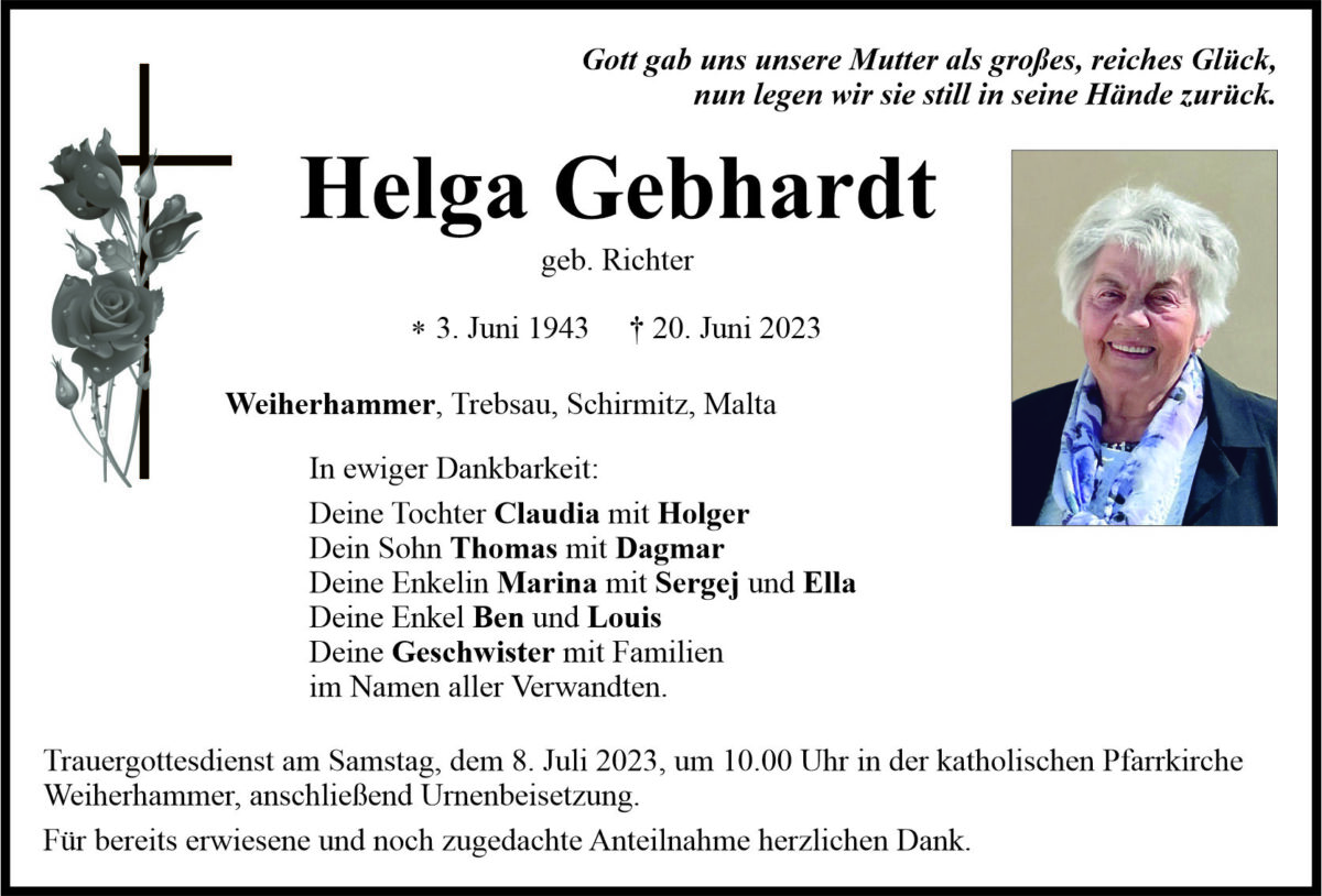 Traueranzeige Helga Gebhardt, Weierhammer