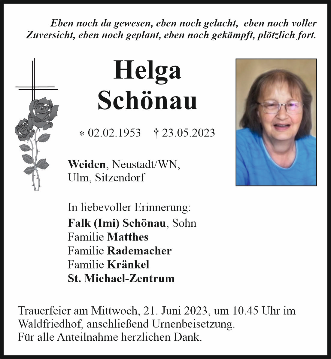 Traueranzeige Helga Schönau, Weiden