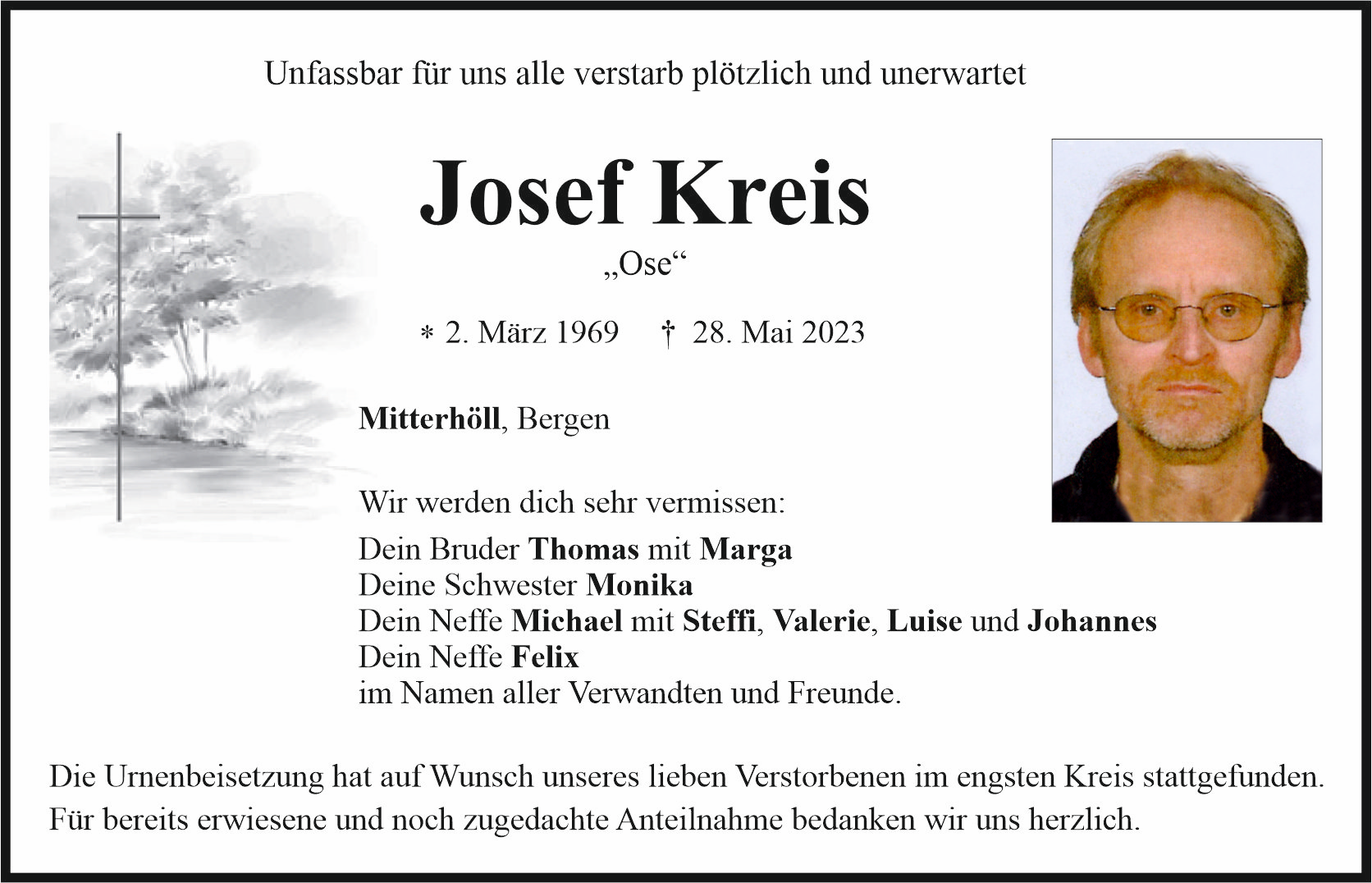 Traueranzeige Josef Kreis, Mitterhöll
