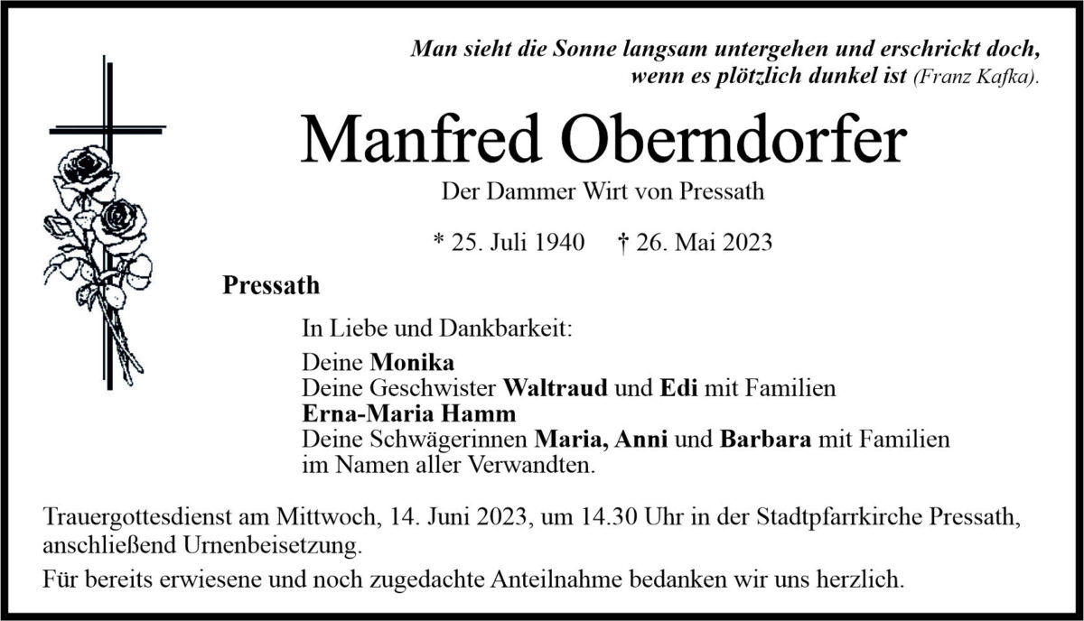 Traueranzeige Manfred Oberndorfer, Pressath