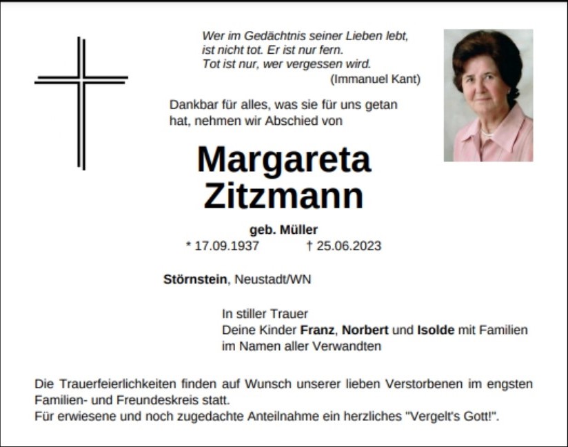 Traueranzeige Margareta Zitzmann, Störnstein