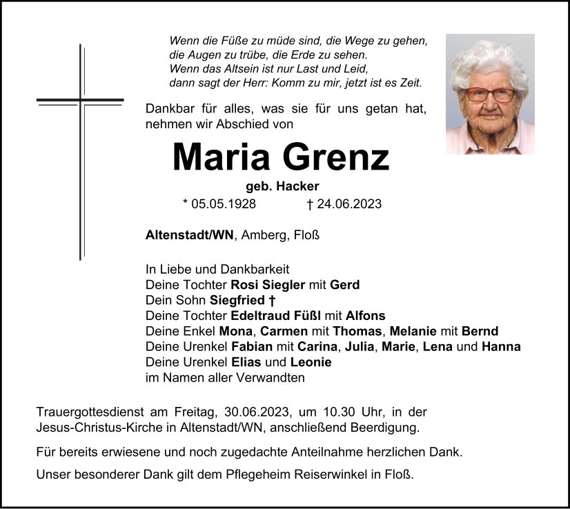 Traueranzeige Maria Grenz, Altenstadt/WN
