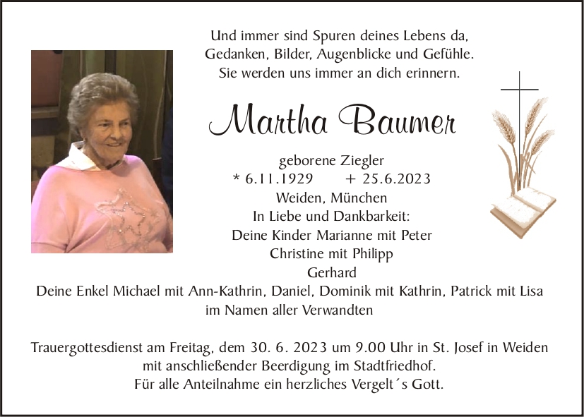 Traueranzeige Martha Baumer, Weiden