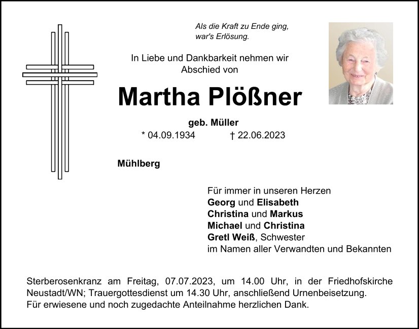 Traueranzeige Martha Plößner, Mühlberg