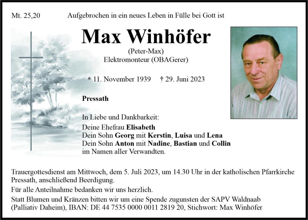 Traueranzeige Max Winhöfer, Pressath