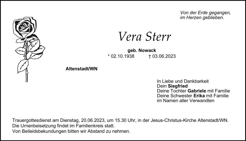 Traueranzeige Vera Sterr, Altenstadt/WN